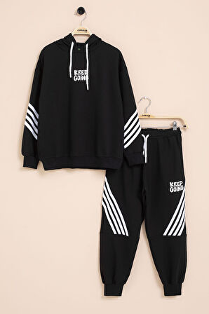 Siyah Erkek Çocuk Keep Going Yazılı Şeritli Erkek Çocuk Kapüşonlu Eşofman Takımı 23416