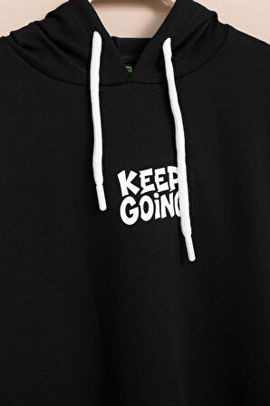 Siyah Erkek Çocuk Keep Going Yazılı Şeritli Erkek Çocuk Kapüşonlu Eşofman Takımı 23416