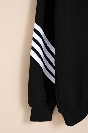 Siyah Erkek Çocuk Keep Going Yazılı Şeritli Erkek Çocuk Kapüşonlu Eşofman Takımı 23416