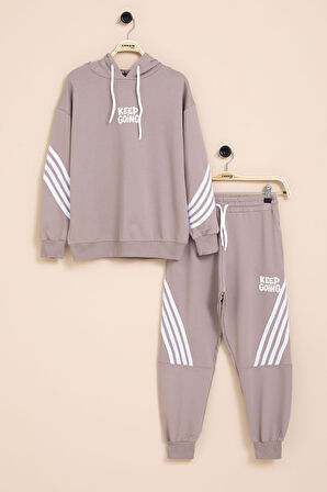 Kahve Erkek Çocuk Keep Going Yazılı Şeritli Erkek Çocuk Kapüşonlu Eşofman Takımı 23419