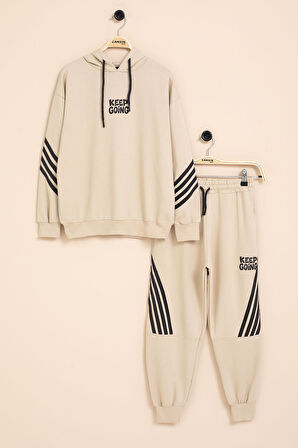 Bej Erkek Çocuk Keep Going Yazılı Şeritli Erkek Çocuk Kapüşonlu Eşofman Takımı 23420