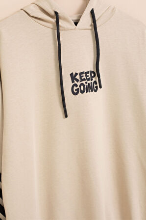 Bej Erkek Çocuk Keep Going Yazılı Şeritli Erkek Çocuk Kapüşonlu Eşofman Takımı 23420