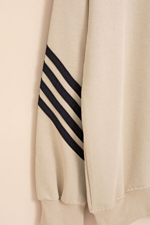 Bej Erkek Çocuk Keep Going Yazılı Şeritli Erkek Çocuk Kapüşonlu Eşofman Takımı 23420