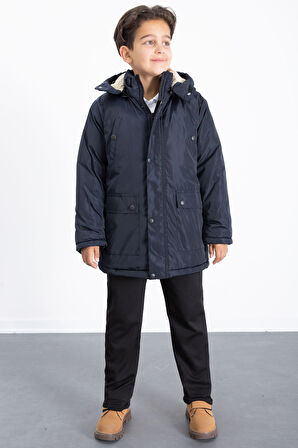 Lacivert İçi Kürklü Çıkarılabilir Kapüşonlu Basic Erkek Çocuk Şişme Mont 21436