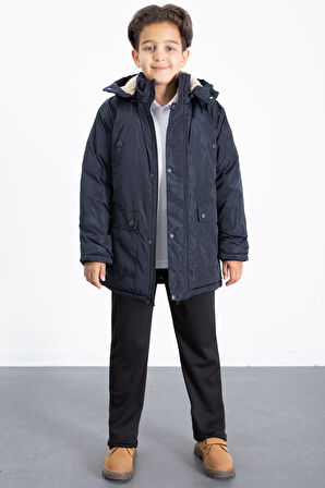Lacivert İçi Kürklü Çıkarılabilir Kapüşonlu Basic Erkek Çocuk Şişme Mont 21436