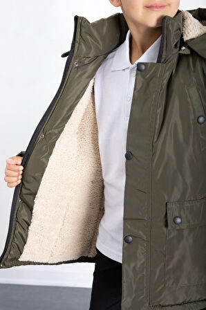 Haki İçi Kürklü Çıkarılabilir Kapüşonlu Basic Erkek Çocuk Şişme Mont 21438