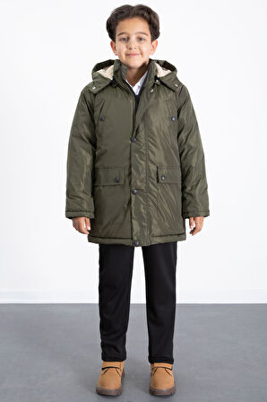 Haki İçi Kürklü Çıkarılabilir Kapüşonlu Basic Erkek Çocuk Şişme Mont 21438