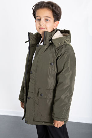 Haki İçi Kürklü Çıkarılabilir Kapüşonlu Basic Erkek Çocuk Şişme Mont 21438