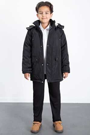 Siyah İçi Kürklü Çıkarılabilir Kapüşonlu Basic Erkek Çocuk Şişme Mont 21439