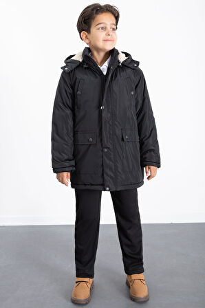 Siyah İçi Kürklü Çıkarılabilir Kapüşonlu Basic Erkek Çocuk Şişme Mont 21439