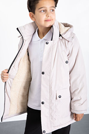 Bej İçi Kürklü Çıkarılabilir Kapüşonlu Basic Erkek Çocuk Şişme Mont 21441