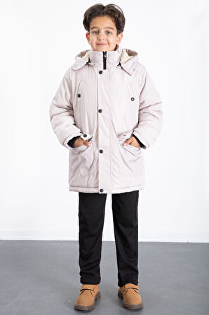 Bej İçi Kürklü Çıkarılabilir Kapüşonlu Basic Erkek Çocuk Şişme Mont 21441