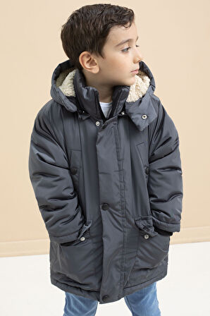 Füme İçi Kürklü Çıkarılabilir Kapüşonlu Basic Erkek Çocuk Şişme Mont 21442