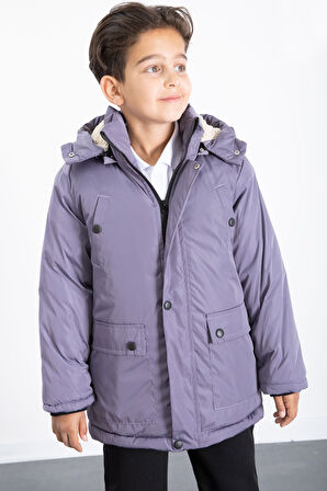 Antrasit İçi Kürklü Çıkarılabilir Kapüşonlu Basic Erkek Çocuk Şişme Mont 21443