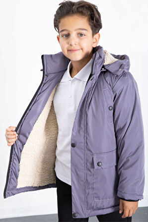 Antrasit İçi Kürklü Çıkarılabilir Kapüşonlu Basic Erkek Çocuk Şişme Mont 21443