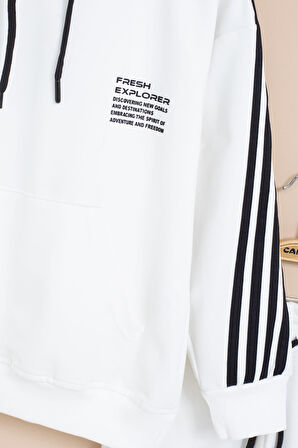 Beyaz Şerit Detaylı Yazı Baskılı Kapüşonlu Erkek Çocuk Eşofman Takımı 21450