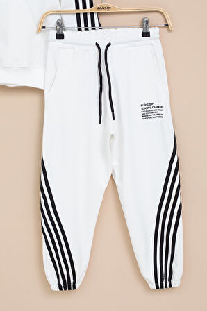 Beyaz Şerit Detaylı Yazı Baskılı Kapüşonlu Erkek Çocuk Eşofman Takımı 21450