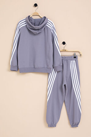 Füme Şerit Detaylı Yazı Baskılı Kapüşonlu Erkek Çocuk Eşofman Takımı 21451