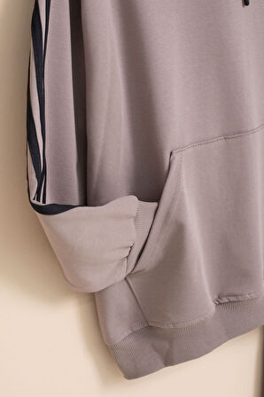 Kahverengi Şerit Detaylı Yazı Baskılı Kapüşonlu Erkek Çocuk Eşofman Takımı 21452