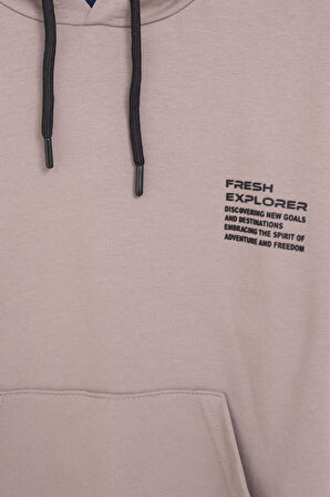 Kahverengi Şerit Detaylı Yazı Baskılı Kapüşonlu Erkek Çocuk Eşofman Takımı 21452