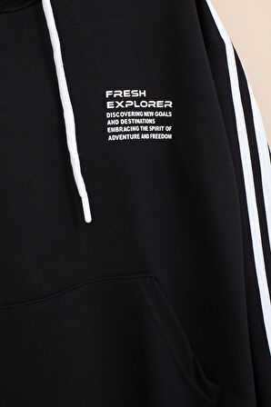 Siyah Şerit Detaylı Yazı Baskılı Kapüşonlu Erkek Çocuk Eşofman Takımı 21453