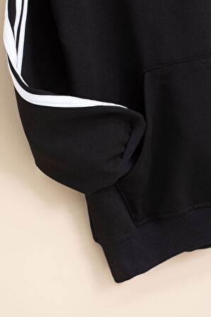 Siyah Şerit Detaylı Yazı Baskılı Kapüşonlu Erkek Çocuk Eşofman Takımı 21453