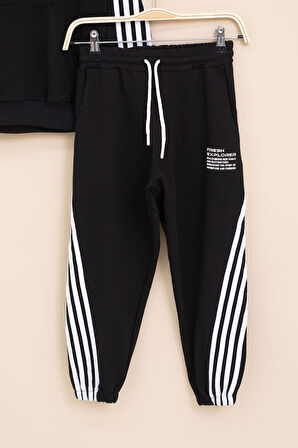 Siyah Şerit Detaylı Yazı Baskılı Kapüşonlu Erkek Çocuk Eşofman Takımı 21453