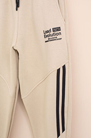 Bej Şerit Detaylı Yazı Baskılı Beli Lastikli Erkek Çocuk Eşofman Altı 21458