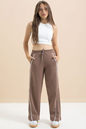 Kahve Yanları Şeritli Geniş Paça Kız Çocuk Şardonlu Eşofman Altı 21463