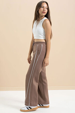 Kahve Yanları Şeritli Geniş Paça Kız Çocuk Şardonlu Eşofman Altı 21463