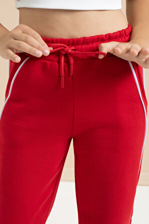 Kırmızı Yanları Şeritli Geniş Paça Kız Çocuk Şardonlu Eşofman Altı 21465