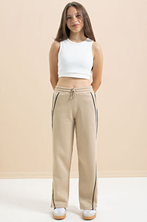 Bej Yanları Şeritli Geniş Paça Kız Çocuk Şardonlu Eşofman Altı 21468