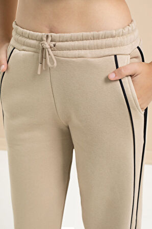 Bej Yanları Şeritli Geniş Paça Kız Çocuk Şardonlu Eşofman Altı 21468