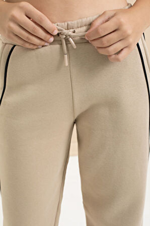 Bej Yanları Şeritli Geniş Paça Kız Çocuk Şardonlu Eşofman Altı 21468