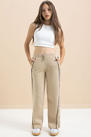 Bej Yanları Şeritli Geniş Paça Kız Çocuk Şardonlu Eşofman Altı 21468