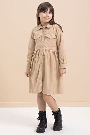 Kahverengi Kız Çocuk Cep Detaylı Kadife Desenli Elbise 21548