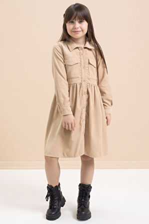 Kahverengi Kız Çocuk Cep Detaylı Kadife Desenli Elbise 21548