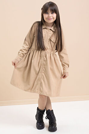 Kahverengi Kız Çocuk Cep Detaylı Kadife Desenli Elbise 21548