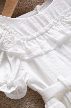 Beyaz Fırfır Detaylı Kısa Kol Kız Çocuk Pileli Elbise  22652