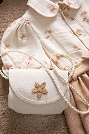 Kahverengi Müslin Kumaş Desenli Kız Çocuk Çantalı Kısa Kol Elbise  22657