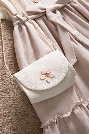 Bej Müslin Kumaş Desenli Kız Çocuk Çantalı Kısa Kol Elbise  22658