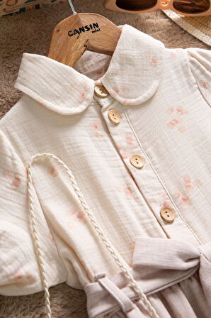 Bej Müslin Kumaş Desenli Kız Çocuk Çantalı Kısa Kol Elbise  22658