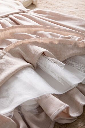 Bej Müslin Kumaş Desenli Kız Çocuk Çantalı Kısa Kol Elbise  22658