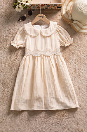 Krem Dantel İşlemeli Kuşaklı Kız Çocuk Müslin Elbise  22659