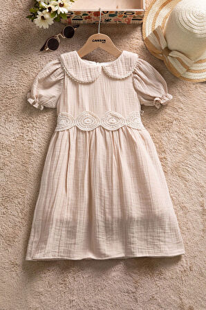 Kahverengi Dantel İşlemeli Kuşaklı Kız Çocuk Müslin Elbise  22660