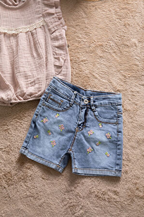 Kahverengi Dantel Detaylı Bluzlu Jean Şortlu Kız Çocuk 2li Takım 22662