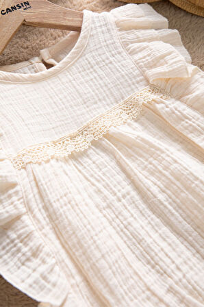 Bej Dantel Detaylı Bluzlu Jean Şortlu Kız Çocuk 2li Takım 22663