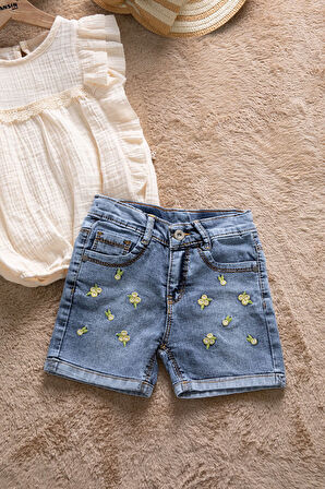 Bej Dantel Detaylı Bluzlu Jean Şortlu Kız Çocuk 2li Takım 22663