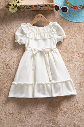 Ekru Fırfır Detaylı Kuşaklı Kız Çocuk Kısa Kol Elbise 22664