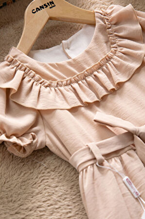 Kahve Fırfır Detaylı Kısa Kol Kız Çocuk Pileli Elbise 22672